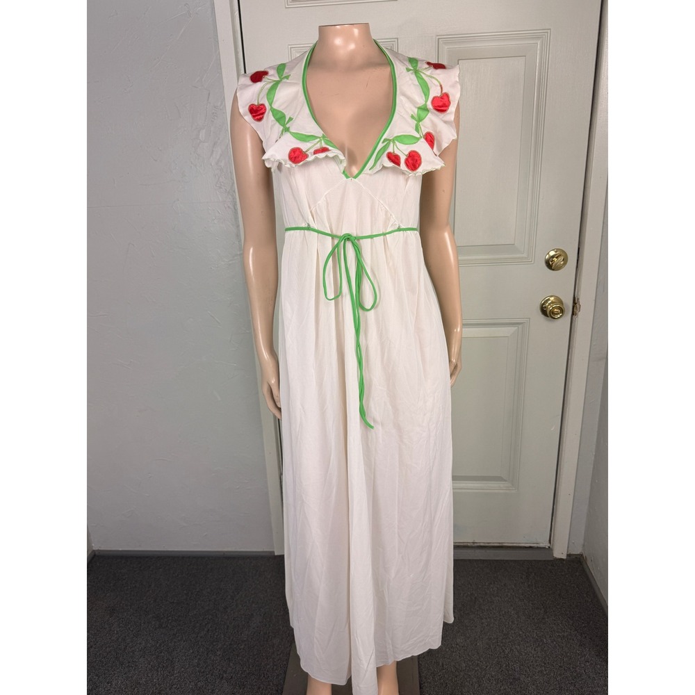 Vintage 70s Halter Night Gown Lingerie dress Nylon Cherry Embroidered Ruffle S15